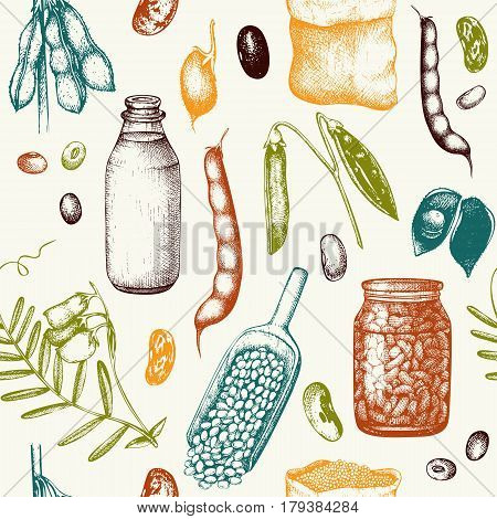 Vintage background with industrial crops illustration. Farm fresh and locally grown organic products illustration. Seamless