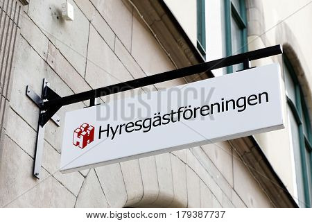 Sundsvall Sweden - May 30 2016: Close-up of the Swedish Union of Tenants (Hyresgastforeningen) sign at the office on street Storgatan.