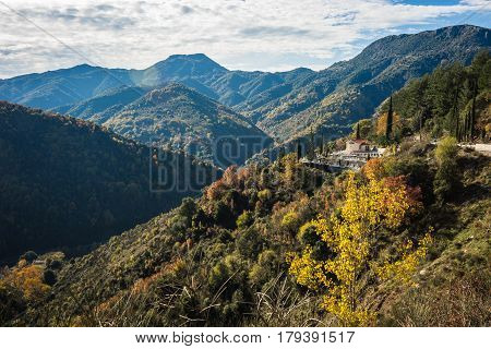 Scenic Mountain Autumn Landscape With  Village Langadia, Peloponnese, Greece