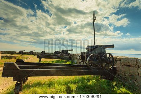 Fort Christiansoe naval fortress with cannons near island Bornholm in the Baltic Sea Denmark Scandinavia Europe.