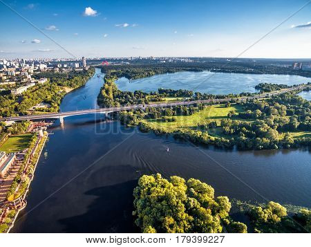Aerial view of Moscow with Moskva River. Shchukino district, Stroginsky bridge. Russia.