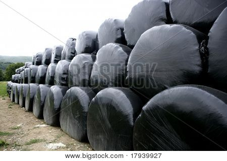 小麦の穀物俵屋外の黒いプラスチック製のラップ カバー