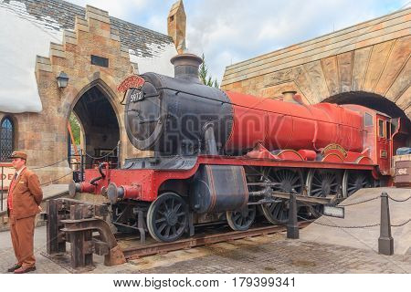 ORLANDO, USA - JANUARY 05, 2017: The Hogwarts Express at The Wizarding World Of Harry Potter Potter at Universal Studios Orlando. Universal Studios Orlando is a theme park in Orlando Florida USA.