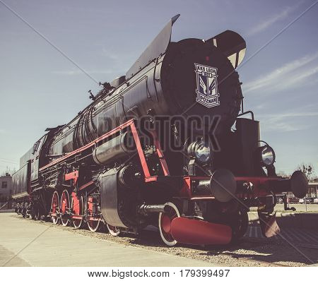 Poland, Poznań -march 26, 2017. Steam Locomotive With Logo Lech Poznan.