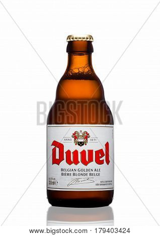London,uk - March 30, 2017 :  Bottle Of Duvel Beer On White. Duvel Is A Strong Golden Ale Produced B