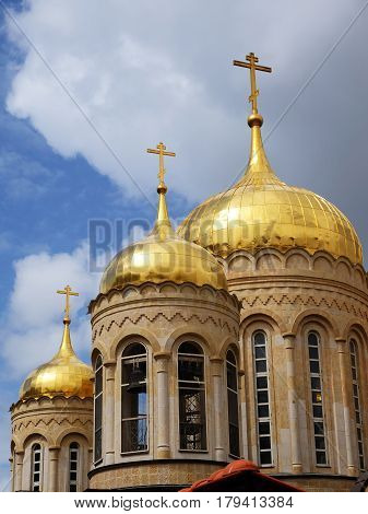 Three gold domes of Orthodox Basilica convent in Ein Kerem near Jerusalem Israel