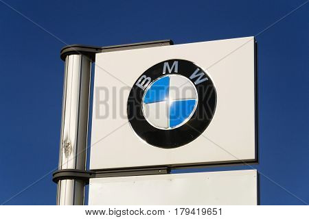 Prague, Czech Republic - March 31: Bmw Car Company Logo In Front Of Dealership Building On March 31,
