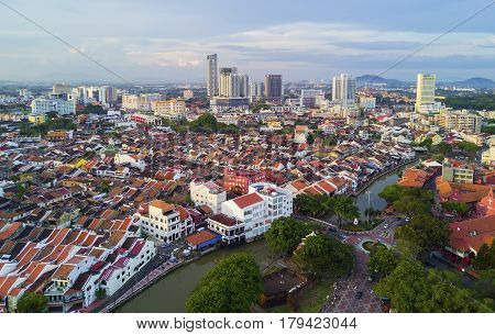 March 30, 2017: Arial View Historical Part Of The Old Malaysian Town In Malacca. It Was Listed As A