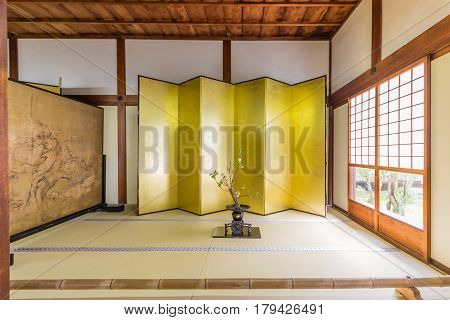 KYOTO JAPAN - APRIL 16 2015: Traditional style minimalist room at Tenryu-ji Zen Temple in Arashiyama Japan.