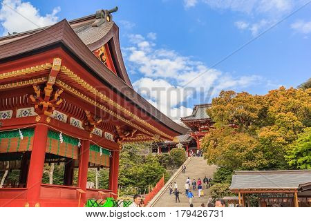 KAMAKURA JAPAN - APRIL 14 2014: Tsurugaoka Hachimangu Shrine on April 14 2014 in Kamakura Japan. One the most important Shinto shrine in Kamakura and an Important Cultural Property of Japan