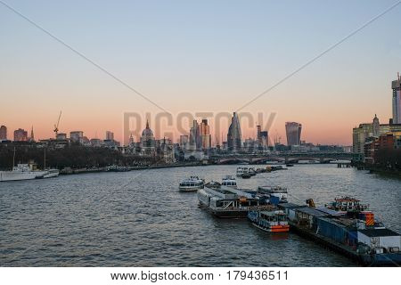 Evening view of London City  from Waterloo Bridge.  A winter shot taken on a  December.