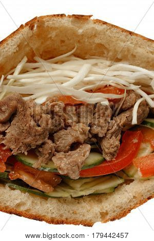 Closeup of doner kebab sandwich with beef meat