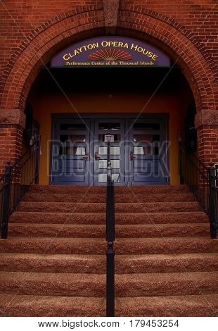Clayton New York USA. March 29 2017 . Steps to the entrance of the Clayton Opera House in downtown Clayton New York a small village on the shores of the Saint Lawrence River