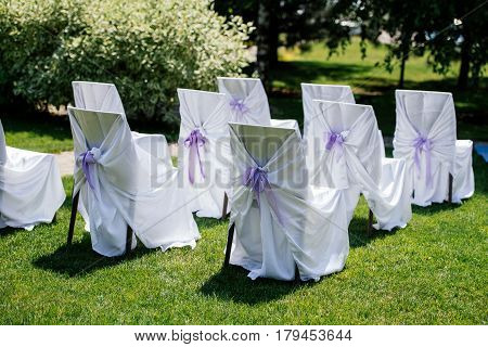Chairs for the ceremony with white satin cape and purple ribbon on a green grass
