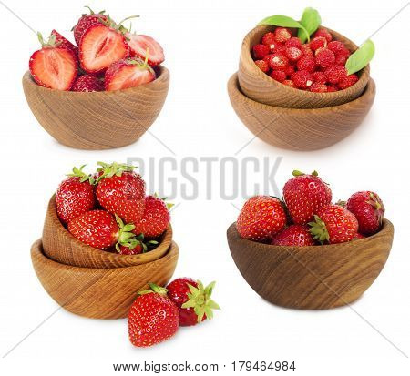 set of bowls with strawberries isolated on white background. Ripe strawberries close-up. Background berry. Collage of strawberries and wild strawberries. Sweet and juicy berry with copy space for text.