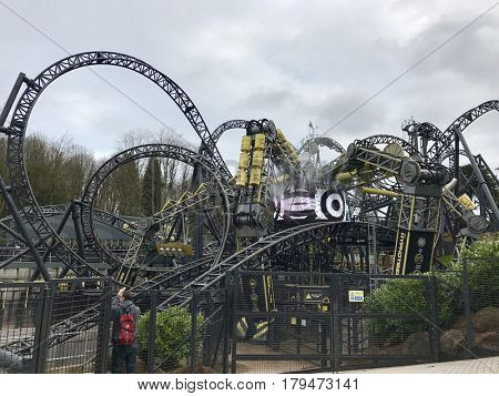 ALTON TOWERS - MARCH 30, 2017: The Smiler rollercoaster at Alton Towers in Staffordshire, England, UK.