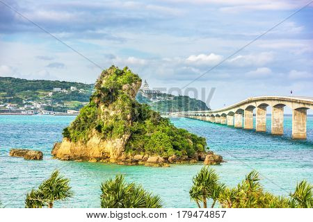 Okinawa, Japan at Kouri Bridge and Kouri Island.