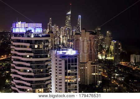 GOLD COAST, AUSTRALIA - MARCH 31 2017: City lights of Surfers Paradise, aerial nightscape from Broadbeach.