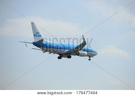 Amsterdam the Netherlands - March 31st 2017: PH-BGR KLM Royal Dutch Airlines Boeing 737 approaching Polderbaan runway at Schiphol Amsterdam Airport the Netherlands