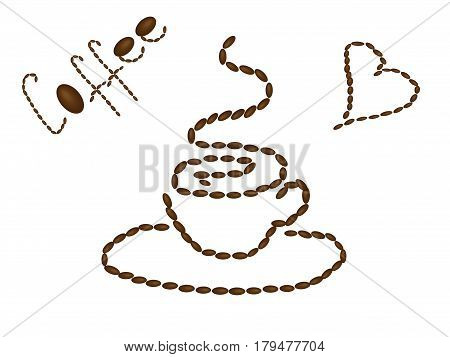 A cup of hot coffee painted with coffee beans and inscriptions