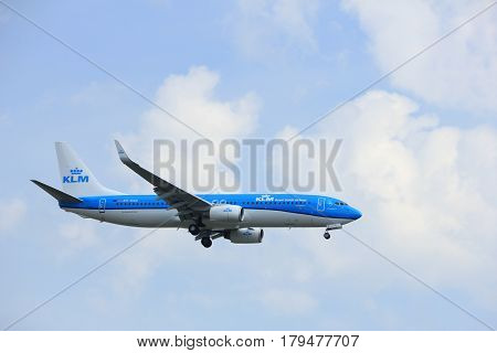 Amsterdam the Netherlands - March 31st 2017: PH-HSD KLM Royal Dutch Airlines Boeing 737-800 approaching Polderbaan runway at Schiphol Amsterdam Airport the Netherlands