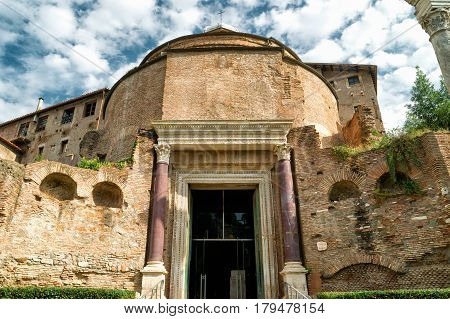 The Temple of Romulus (The basilica of Santi Cosma e Damiano) in the Roman Forum, Rome, Italy