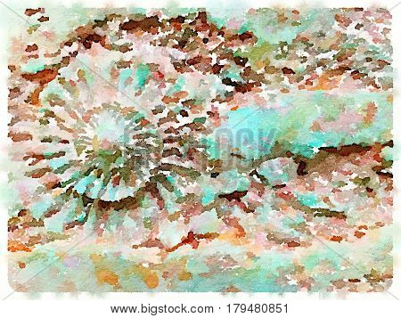 Digital watercolor painting of an ammonite in green and brown colors with space for text.