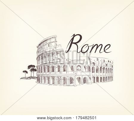 Rome famous place with lettering Travel Italy background. City landmark engraving sign