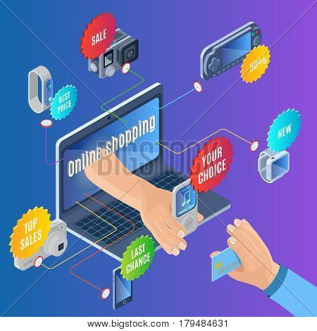Isometric online shopping concept with electronic portable gadgets and devices for sale and colorful stickers vector illustration