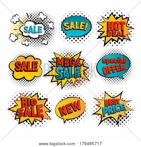 Sale pop art vector set. Big Mega sale Best price and Hot deal comic style. New Special offer on spech bubble. Explosion bubbles isolated discount promotion