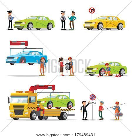 Car evacuation elements set with policeman fined driver for wrong parking and automobile lifting loading transportation on evacuator isolated vector illustration