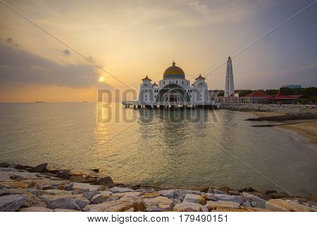 Majestic View Of Malacca Straits Mosque During Sunset