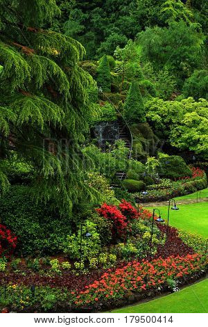 Butchart Gardens in the rainy day. Beautiful gardens on Vancouver Island, world-famous masterpiece of landscape architecture.
