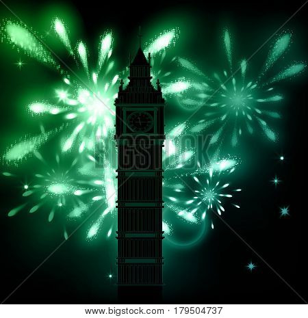 Big Ben vector contur. England or Londonbackground with fireworks
