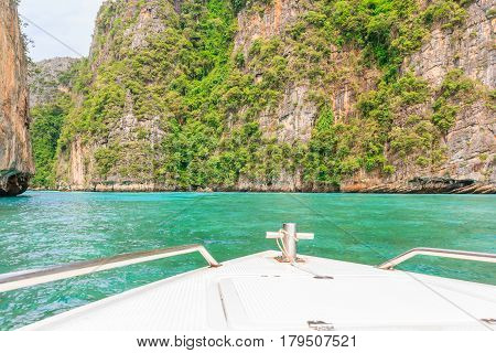 Entering Pileh lagoon with beautiful limestone rock surrounded at Phi Phi island Krabi Thailand