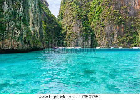 Entering Pileh lagoon with beautiful limestone rock surrounded at Phi Phi island Krabi Thailand