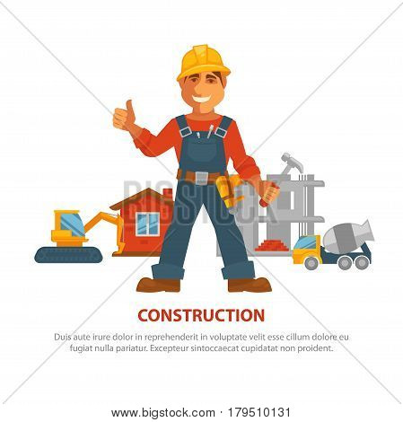 Construction advertisement banner with man in uniform and yellow helmet with buildings and equipment on background. Male builder and houses, excavation and concrete mixer vector poster on white