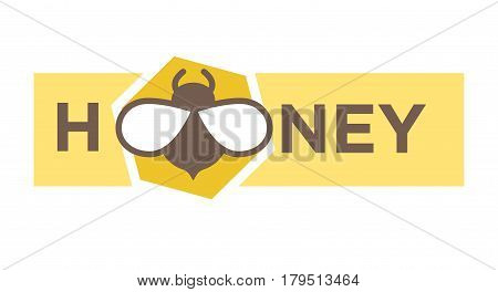 Honey logo design in flat style with bee icon in form of letter O. Vector illustration of sweet mead inscription with insect in honeycomb. Advertising label for honeymead production with text isolated