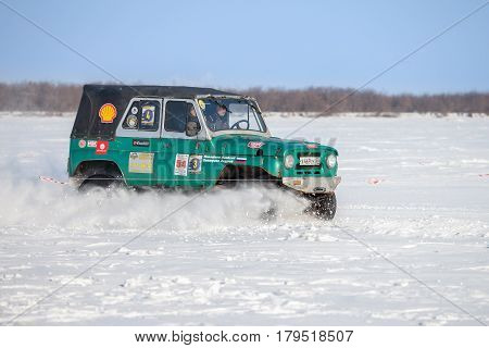 KHABAROVSK RUSSIA - JANUARY 28 2017: UAZ 469 riding on snow during local championship