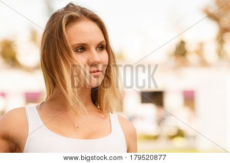 Beauty young blondie girl portrait. Gorgeous lovely woman outdoor. Positive emotion feelings.