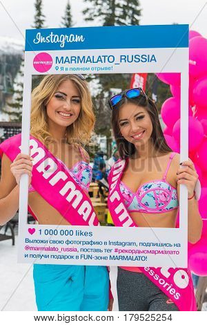 Two Young Happy Pretty Women In Colorful Bikini With Instagram Frame.