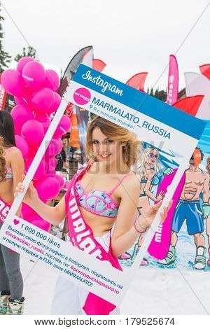 Young Happy Pretty Women In Colorful Bikini With Instagram Frame.