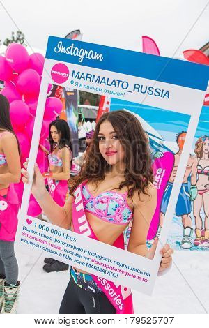 Young Happy Pretty Women In Colorful Bikini With Instagram Frame.