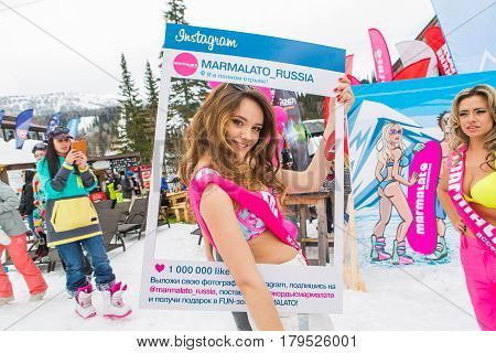 Young Happy Pretty Women In Colorful Bikini With Instagram Frame.