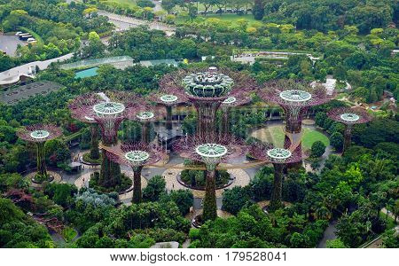 Singapore, Singapore - February 10, 2017: Supergrove trees in Gardens By the Bay, situated in Marina Bay area in Singapore, it's a new design garden with innovative.