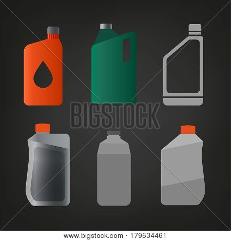 Synthetic oil icons set. Different motor oils symbols in flat style on a dark grey background. Editable vector simple illustration of canisters with engine oil.