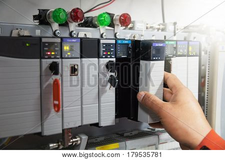 PLC programable logic controlerThis picture show hard wiring communication socket connection during technician maintenance