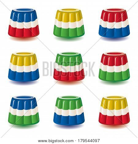 vector colorful gelatin jelly or pudding assortment isolated on white background dessert candy jello set bright colors illustration