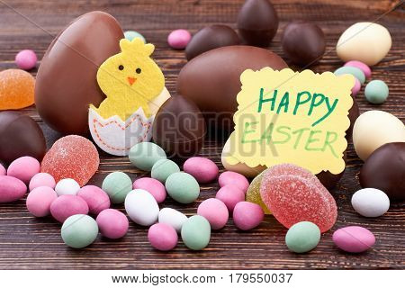 Happy Easter card and sweets. Felt chicken cutout. Homemade Easter candy treats.