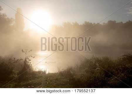 Morning fog on the Irpen river in the town of Irpin